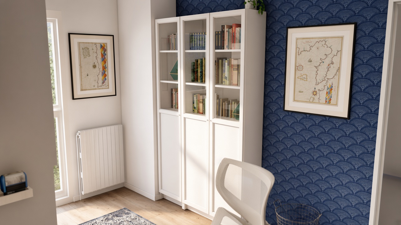 Bibliothèque et mur bleu du Bureau K. en rendu photoréaliste — Djan Studio