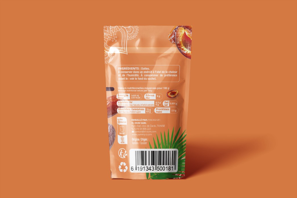 Mockup doypack Yummy'z — verso, table nutritionnelle et mentions légales